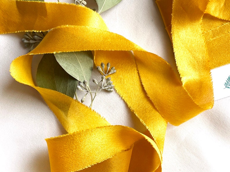 Gold Silk Ribbon, Natural Dye, Plant Dyed Silk, Shimmery Golden Yellow image 4