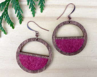 Naturally Dyed Wood Hoop Earrings, Dark Pink Wool Felt, Eco Friendly
