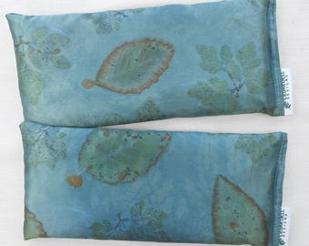 Indigo Dyed Leaf Print Silk Eye Pillow, Organic Flax and Lavender Aromatherapy