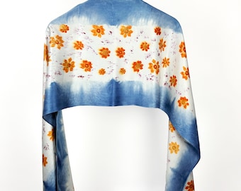 Flower Print and Indigo Dyed Silk Scarf