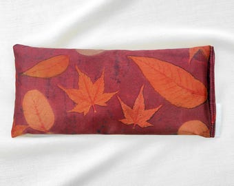 Burgundy and Orange Leaf Print, Plant Dyed Silk Eye Pillow with Organic Flax and Lavender