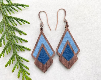 Indigo Dyed Wool Earrings, Teardrop Wood Dangles