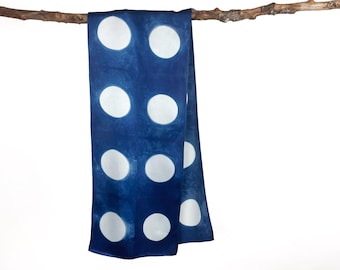 Indigo Dyed Silk Charmeuse Scarf, Shibori Full Moon Design