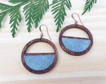 Indigo Dyed Wool Earrings, Light Blue Wood Hoops, Eco Friendly Jewelry