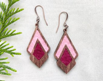 Geometric Wood Earrings, Natural Dyed Wool Felt, Boho Style