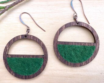 Green Wool Felt Wood Earrings, Plant Dyed, Boho Style