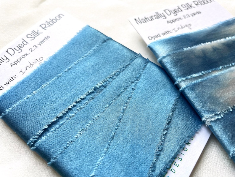 Indigo Dyed Silk Ribbon, Natural Dye, Plant Dyed Silk, Blue and White Ribbon solid blue