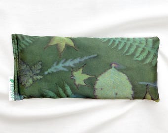 Forest Green, Plant Dyed Silk, Leaf Printed Organic Lavender and Flax Eye Pillow