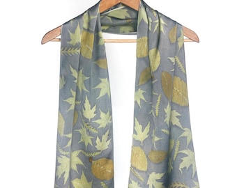Botanical Eco Print Silk Scarf, Gray Leaf Design