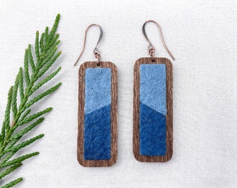Indigo Dyed Wool Earrings, Two Tone Blue Wooden Boho Jewelry