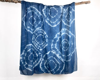 Blue and White Indigo Dyed Organic Cotton Scarf, Blanket Scarf, Oversize Wrap, Shawl, Sarong