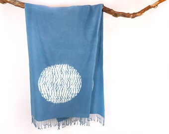 Indigo Dyed Peace Silk Scarf, Moon Design, Geometric Shibori Hand Dyed Scarf, Natural Plant Dyed