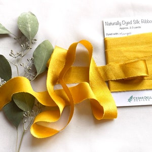 Gold Silk Ribbon, Natural Dye, Plant Dyed Silk, Shimmery Golden Yellow image 3