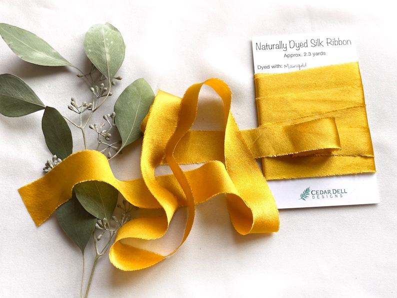 Gold Silk Ribbon, Natural Dye, Plant Dyed Silk, Shimmery Golden Yellow image 3