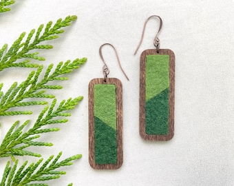 Two-Tone Green Wool Dangle Earrings, Boho Wood Jewelry