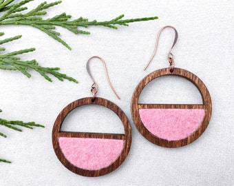 Natural Wood and Pink Wool Earrings, Naturally Dyed Jewelry, Round Semi-Circles, Eco Friendly Jewelry, Wood Hoops