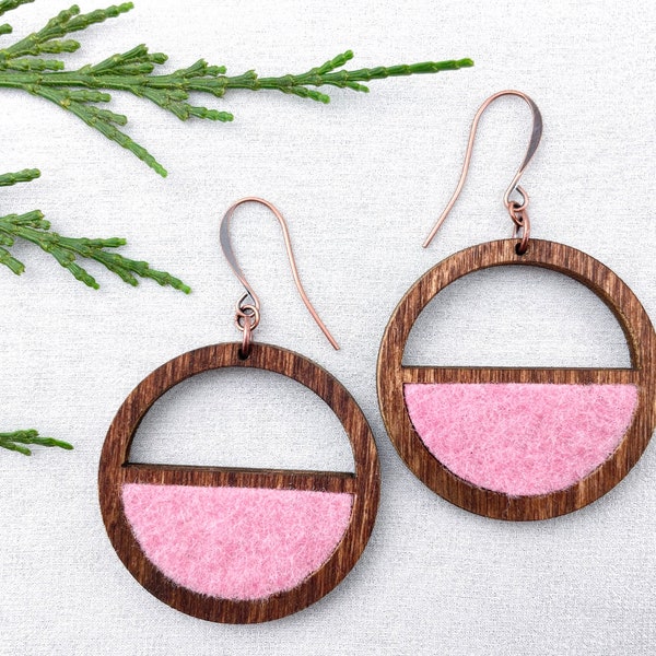 Natural Wood and Pink Wool Earrings, Naturally Dyed Jewelry, Round Semi-Circles, Eco Friendly Jewelry, Wood Hoops