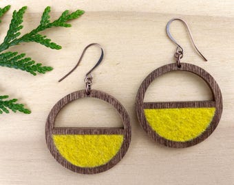 Yellow Wool Felt Earrings, Lightweight Wood Hoops, Boho Earrings