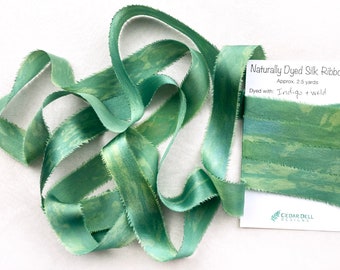 Plant Dyed Green Silk Ribbon, Natural Dye, Variegated Green Silk