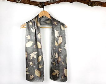 Gray and Gold Eco Print Scarf, Botanical Print Silk Scarf, Lightweight Silk Scarf, Nature Themed Print, Plant Dyed Scarf
