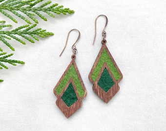 Wood & Green Wool Earrings, Diamond Dangles, Geometric Boho Style