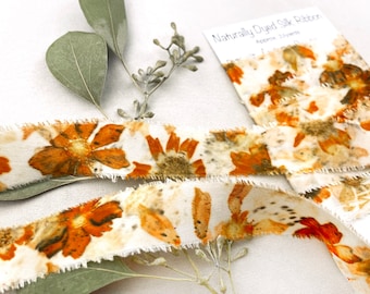 Flower Print Silk Ribbon, Natural Dye, Coreopsis Botanical Print Silk