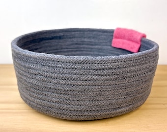Gray Cotton Rope Bowl, Plant Dyed Basket, Natural Home Storage, Gender Neutral Nursery Storage