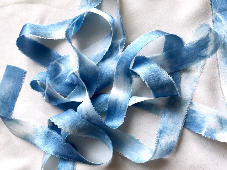 Indigo Dyed Silk Ribbon, Natural Dye, Plant Dyed Silk, Blue and White Ribbon image 7