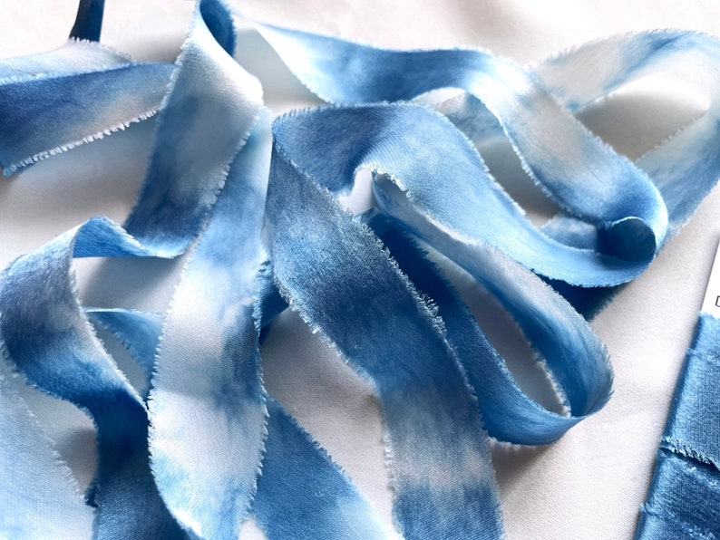 Indigo Dyed Silk Ribbon, Natural Dye, Plant Dyed Silk, Blue and White Ribbon image 8