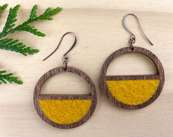 Geometric Wood Earrings, Golden Yellow Wool Felt, Boho Style