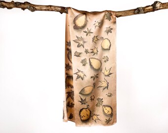 Peach Botanical Print Silk Scarf, Ecoprint Silk Scarf, Eco Friendly Fashion, Autumn Scarf