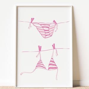 Pink Bikini Art Print  - Girl Laundry Trendy Wall Art Striped Retro Coastal Cowgirl Decor Girly Print Aesthetic Beachy Prints Coconut Girl