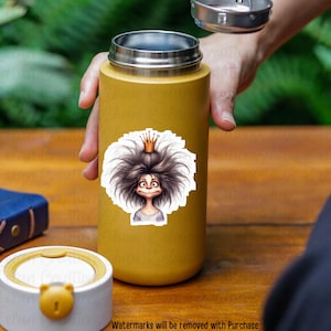 May include: A yellow stainless steel water bottle with a sticker of a cartoon character with a crown and messy hair. The character has a surprised expression.