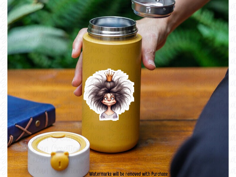 May include: A yellow stainless steel water bottle with a sticker of a cartoon character with a crown and messy hair. The character has a surprised expression.