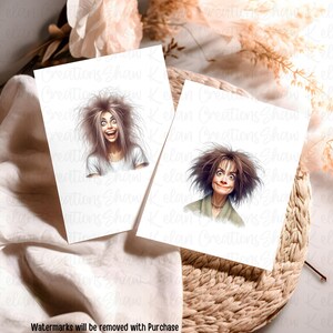 May include: Two printable illustrations of women with messy hair and exaggerated facial expressions. The illustrations are in black and white and are printed on white paper.
