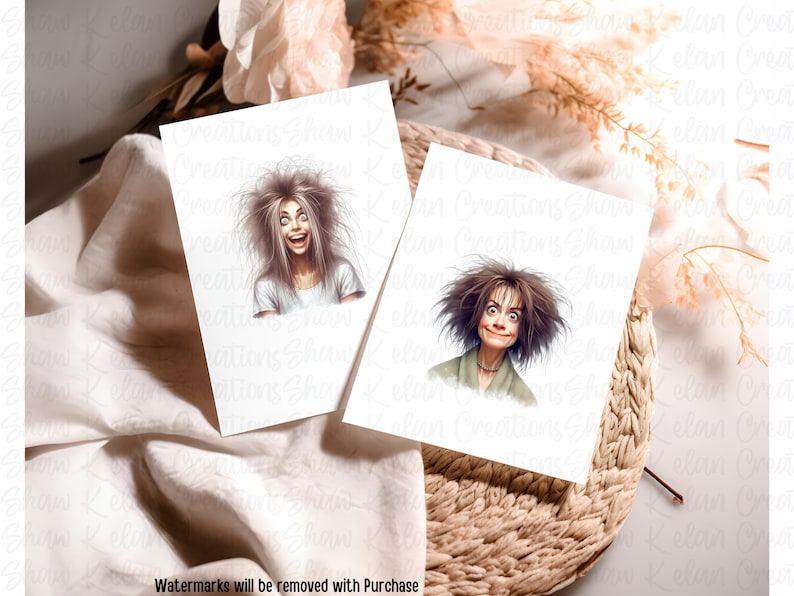 May include: Two printable illustrations of women with messy hair and exaggerated facial expressions. The illustrations are in black and white and are printed on white paper.