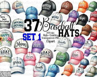 37 Baseball Hat Clipart Set: Vintage Distressed Cap PNG (300 DPI)