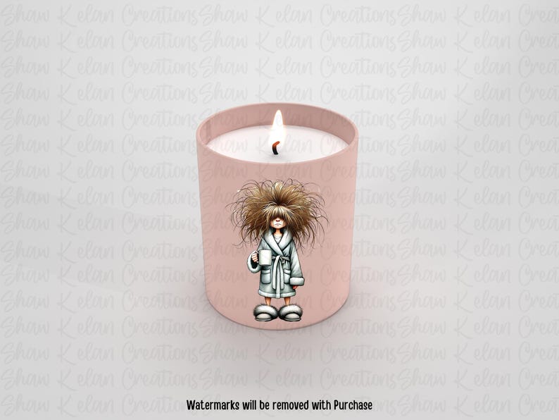 May include: A pink candle with a white wax top and a cartoon illustration of a woman with messy hair wearing a robe and holding a mug. The candle is on a white background.