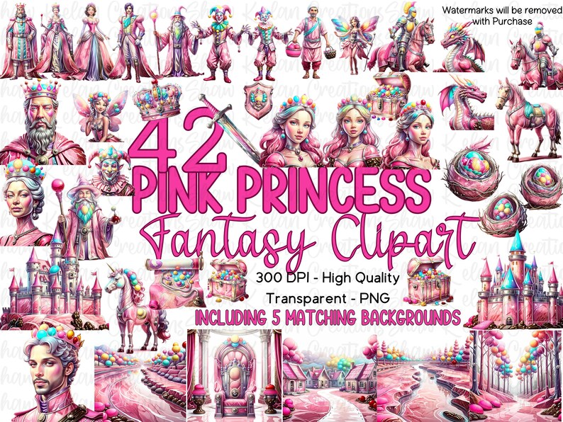 Pink Princess Clipart Set: Fantasy PNG Graphics, Backgrounds (digital ...