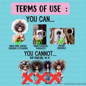 May include: Terms of use for a digital illustration of a cartoon character. You can make new designs and stickers, physical products, and unique journals. You cannot sell the digital illustration as is.