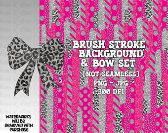 Hot Pink Leopard Glitter Brush Stroke Background & Bow Set (PNG JPG Digital Download)