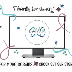 May include: A computer screen displaying a logo for Shawla Kila Creations LLC. The logo is a stylized "SKC" in a teal, pink, and white design. The screen is surrounded by a white background with pink and blue ribbons and stars.