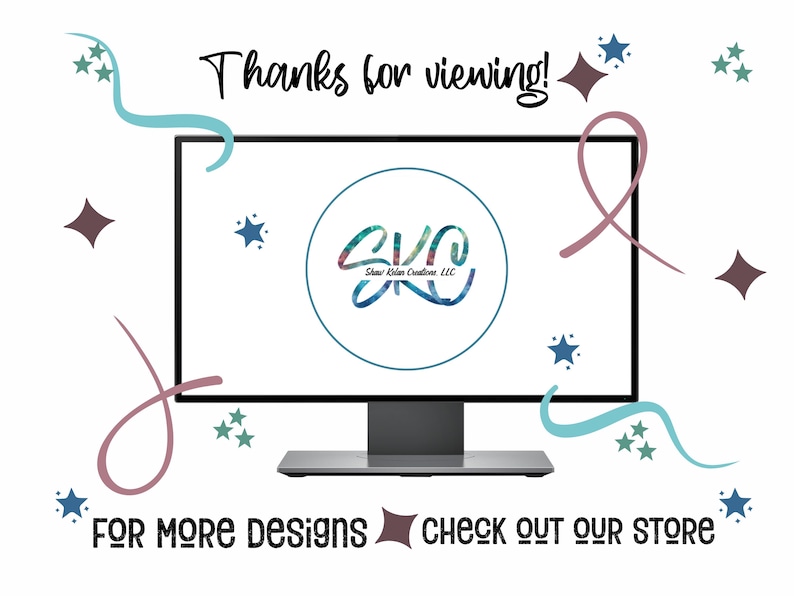 May include: A computer screen displaying a logo for Shawla Kila Creations LLC. The logo is a stylized "SKC" in a teal, pink, and white design. The screen is surrounded by a white background with pink and blue ribbons and stars.