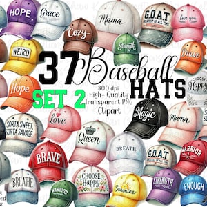Op de afbeelding: Een set van 37 baseballcap-ontwerpen met verschillende zinnen en ontwerpen. De caps zijn in verschillende kleuren, waaronder roze, blauw, groen, rood, geel en zwart. De zinnen op de caps zijn onder andere "Hope", "Grace", "Mama", "Cozy", "Weird", "Strength", "G.O.A.T. Greatest of All Time", "Love You", "Brave", "Choose Happy", "Queen", "Love", "Magic", "Sort Sweet, Sort Savage", "Breathe", "Warrior", "Sunshine", "Enough", en meer.