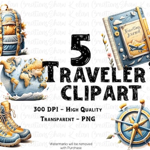 5 cliparts PNG du voyageur | Sac à dos d'aventure, bottes, boussole et carte du monde | Graphiques transparents 300 ppp pour le scrapbooking, autocollants