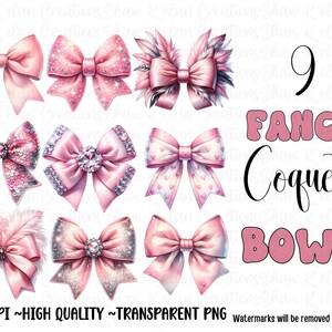 May include: Nine pink bows with various embellishments, including sequins, glitter, and feathers. The text "9 FANCY Coquette BOWS" is written in pink letters on a white background.