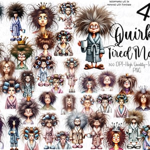 40 Quirky Tired Mamas PNG | Funny Exhausted Mom Clipart | Coffee Lover Sublimation | Messy Hair & Bathrobe Graphics | 300 DPI Transparent