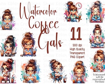 Watercolor Coffee Gals Clipart: Planner Stickers (Digital Download)