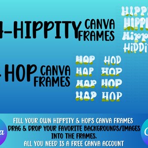 Puede incluir: Una ilustración digital de 4 marcos Canva "Hippity" y 8 marcos Canva "Hop". Los marcos son de estilo retro con un esquema de color azul, verde y blanco. El texto "Rellena tus propios marcos Canva Hippity & Hops" está en la parte inferior de la imagen. El texto "Arrastra y suelta tus fondos/imágenes favoritos en los marcos." está debajo de la primera línea de texto. El texto "Todo lo que necesitas es una cuenta Canva gratuita" está debajo de la segunda línea de texto.