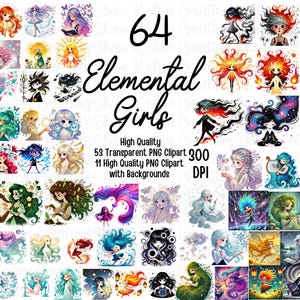 May include: A set of 64 digital illustrations of elemental girls. The girls are depicted in various poses and with different elements, such as fire, water, earth, and air. The illustrations are high quality and perfect for use in digital projects.